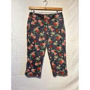 Zac & Rachel Floral Crop Pants Women 10 Dark Blue Pink Roses Stretch Cotton